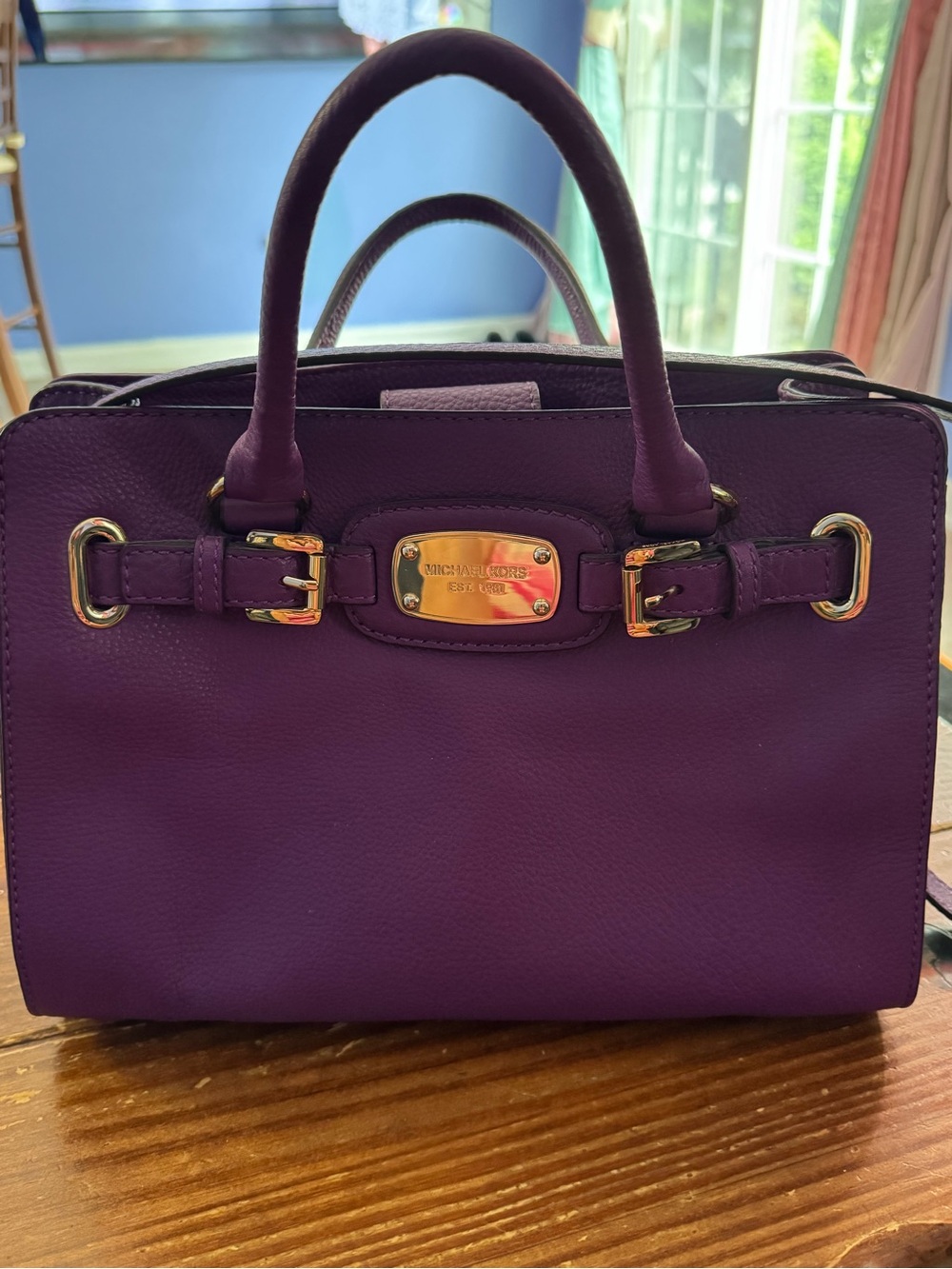 Michael Kors Deep Purple Pebbled Leather Satchel with Gold Hardware